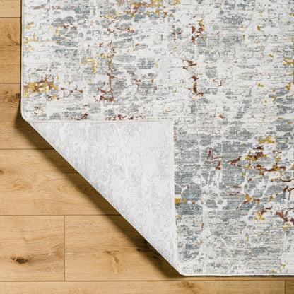 Dresden DRE-2315 Rug by Livabliss in white, gray, medium gray, light slate, mustard, rust. Made from face: 100% polyester, warp: 100% cotton 