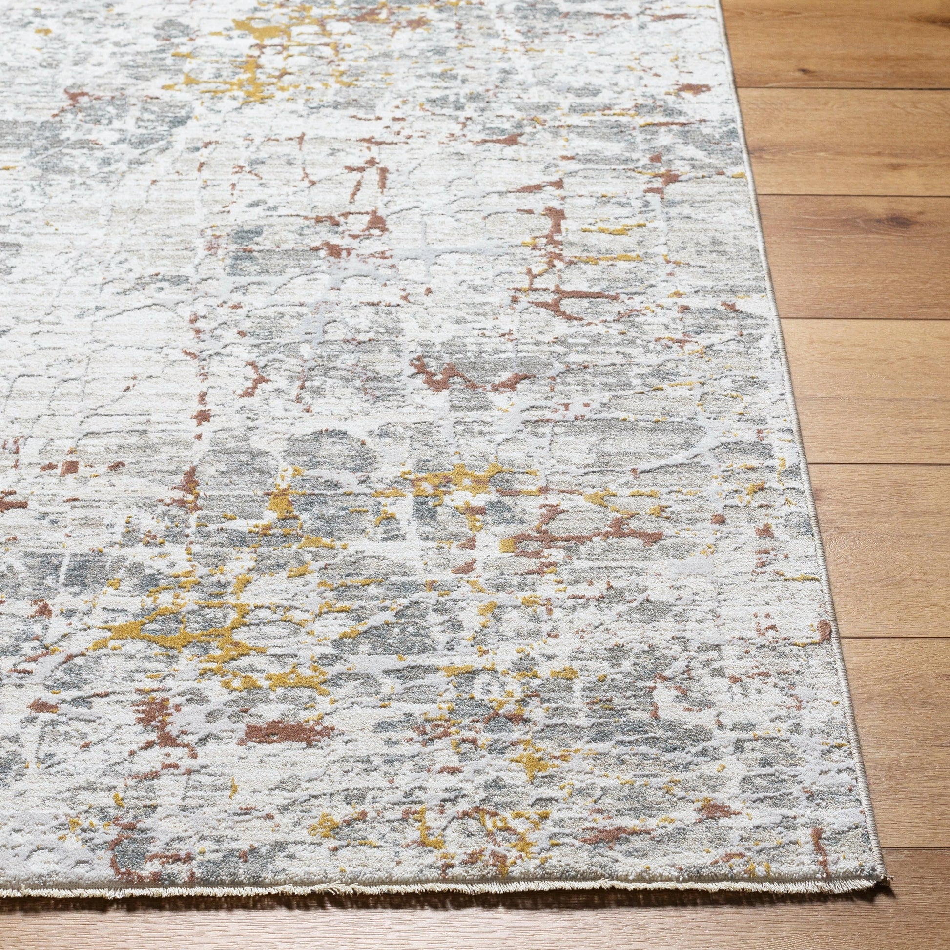 Dresden DRE-2315 Rug by Livabliss in white, gray, medium gray, light slate, mustard, rust. Made from face: 100% polyester, warp: 100% cotton 