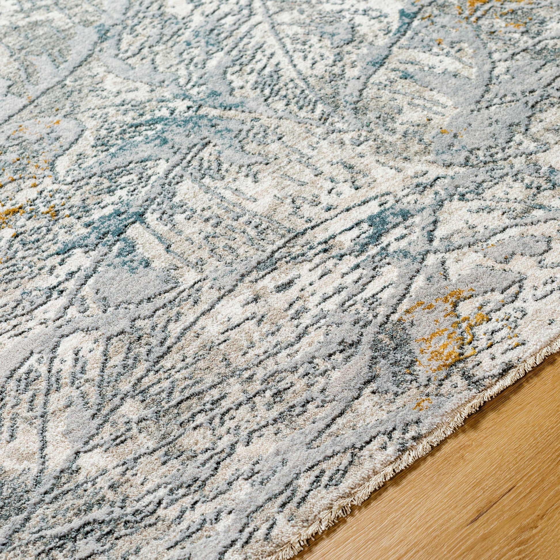 Dresden DRE-2317 Rug by Livabliss in white, medium gray, light slate, gray, denim, mustard. Made from main: 100% polyester in a un