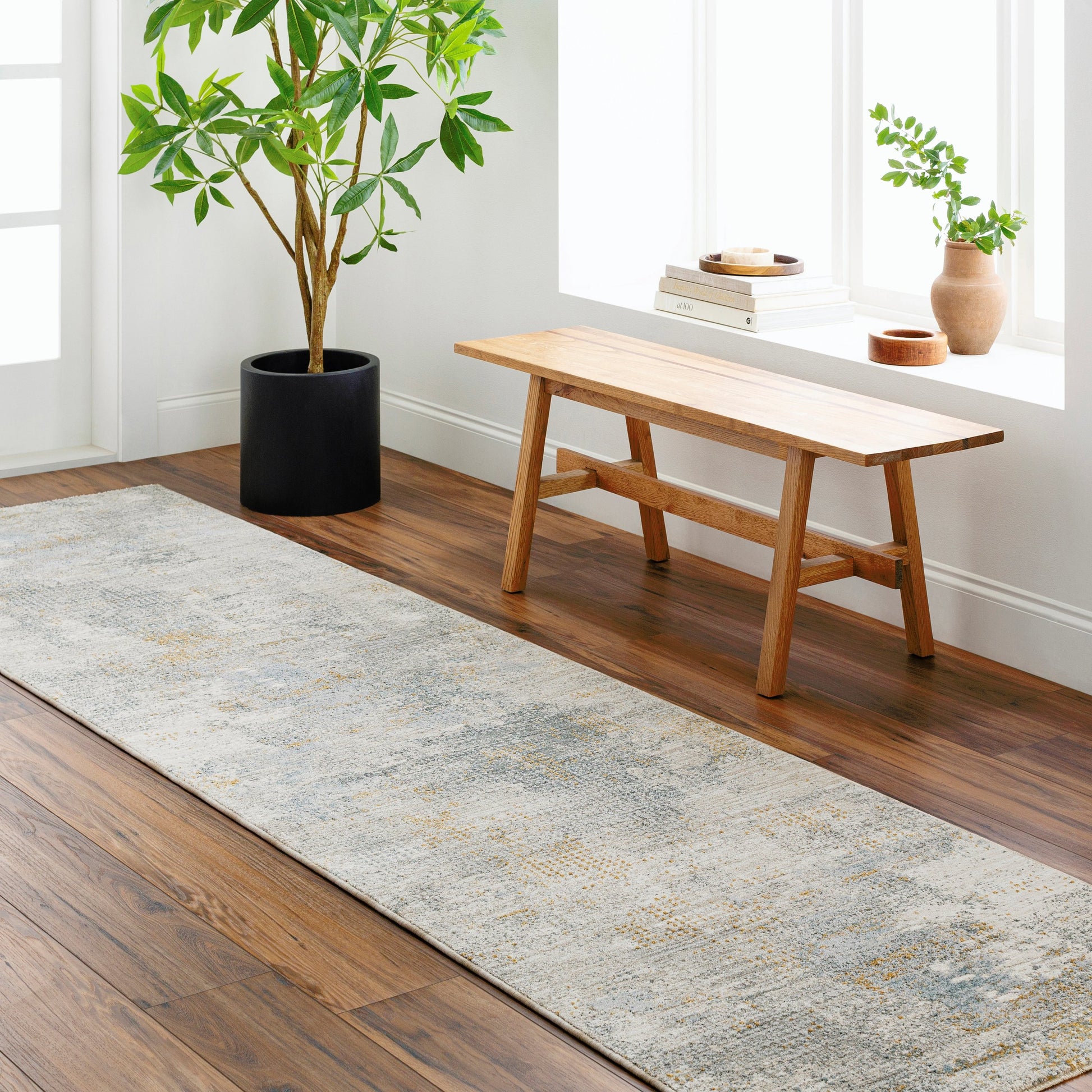 Dresden DRE-2321 Rug by Livabliss in medium gray, gray, white, denim, mustard, light slate. Made from main: 100% polyester in a unique style.