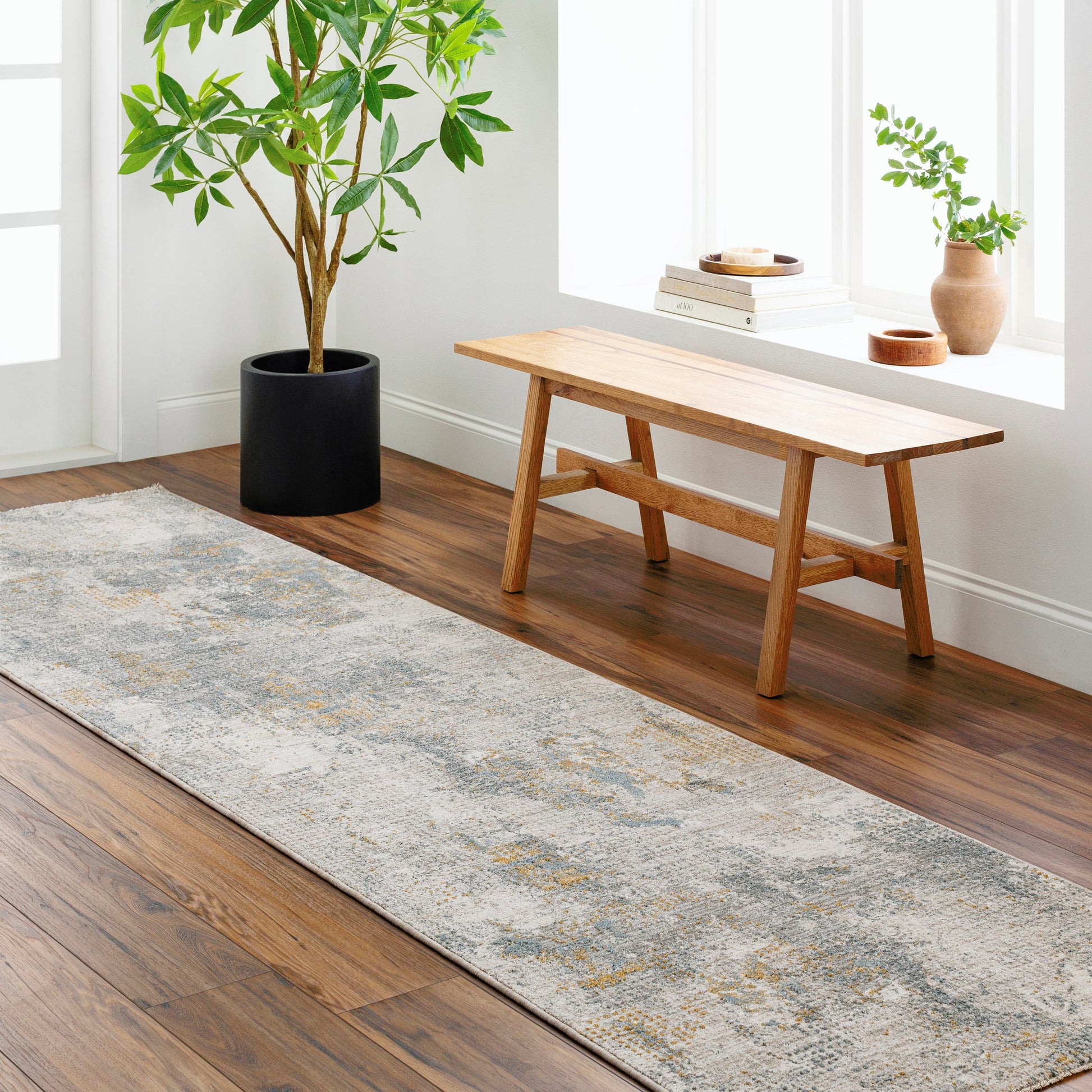 Dresden DRE-2322 Rug by Livabliss in medium gray, gray, white, denim, mustard, light slate. Made from main: 100% polyester in a unique style.