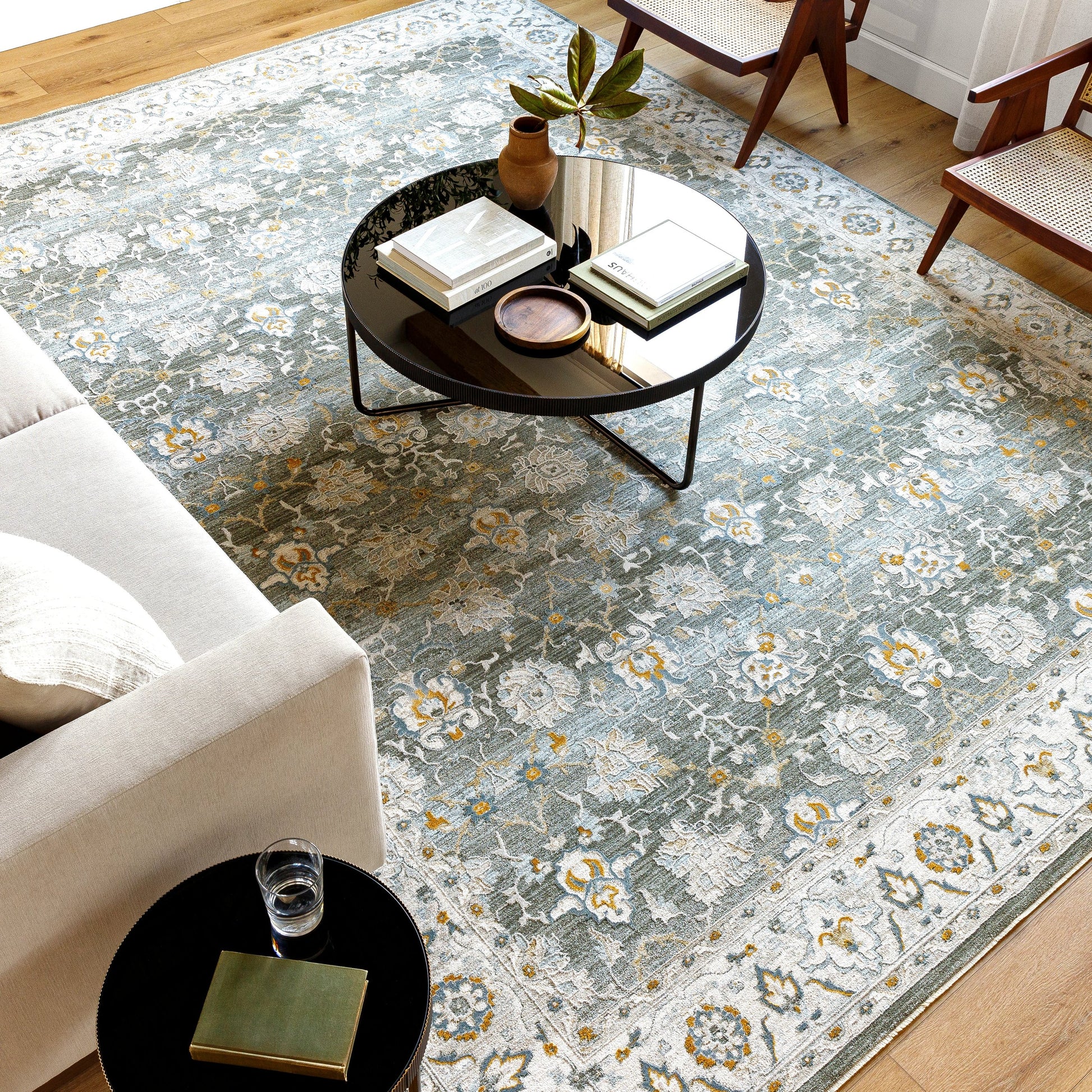 Dresden DRE-2324 Rug by Livabliss in gray, white, medium gray, mustard, light slate, denim. Made from main: 100% polyester in a unique style.