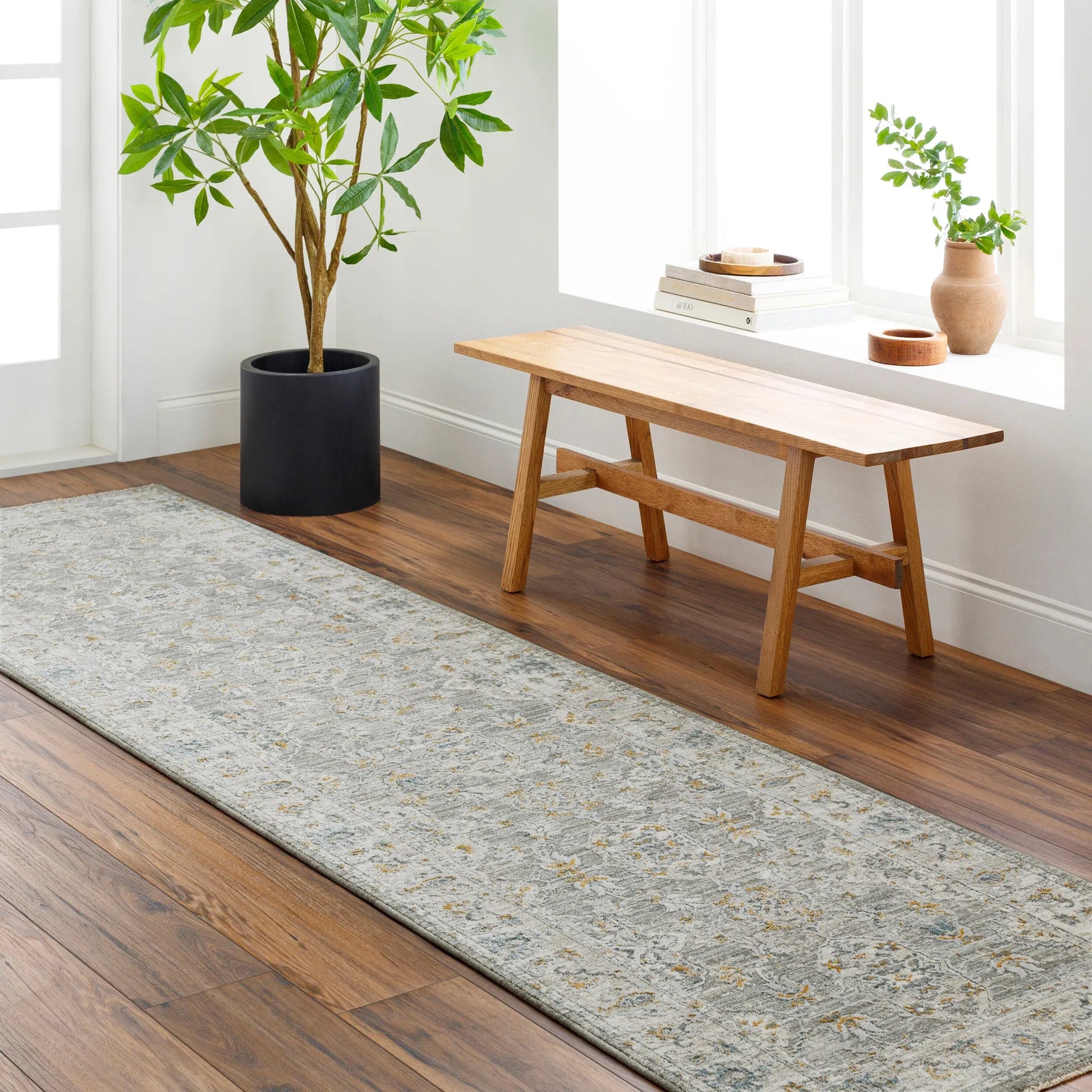 Dresden DRE-2324 Rug by Livabliss in gray, white, medium gray, mustard, light slate, denim. Made from main: 100% polyester in a unique style.