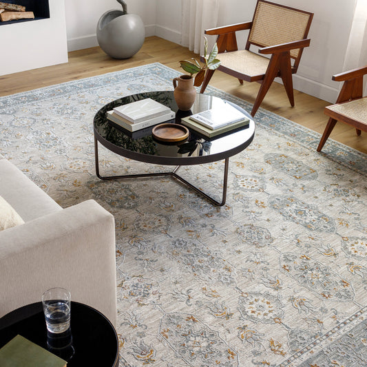 Dresden Rug - 33002 by Livabliss in medium gray, gray, white, light slate, mustard, rust. Made 