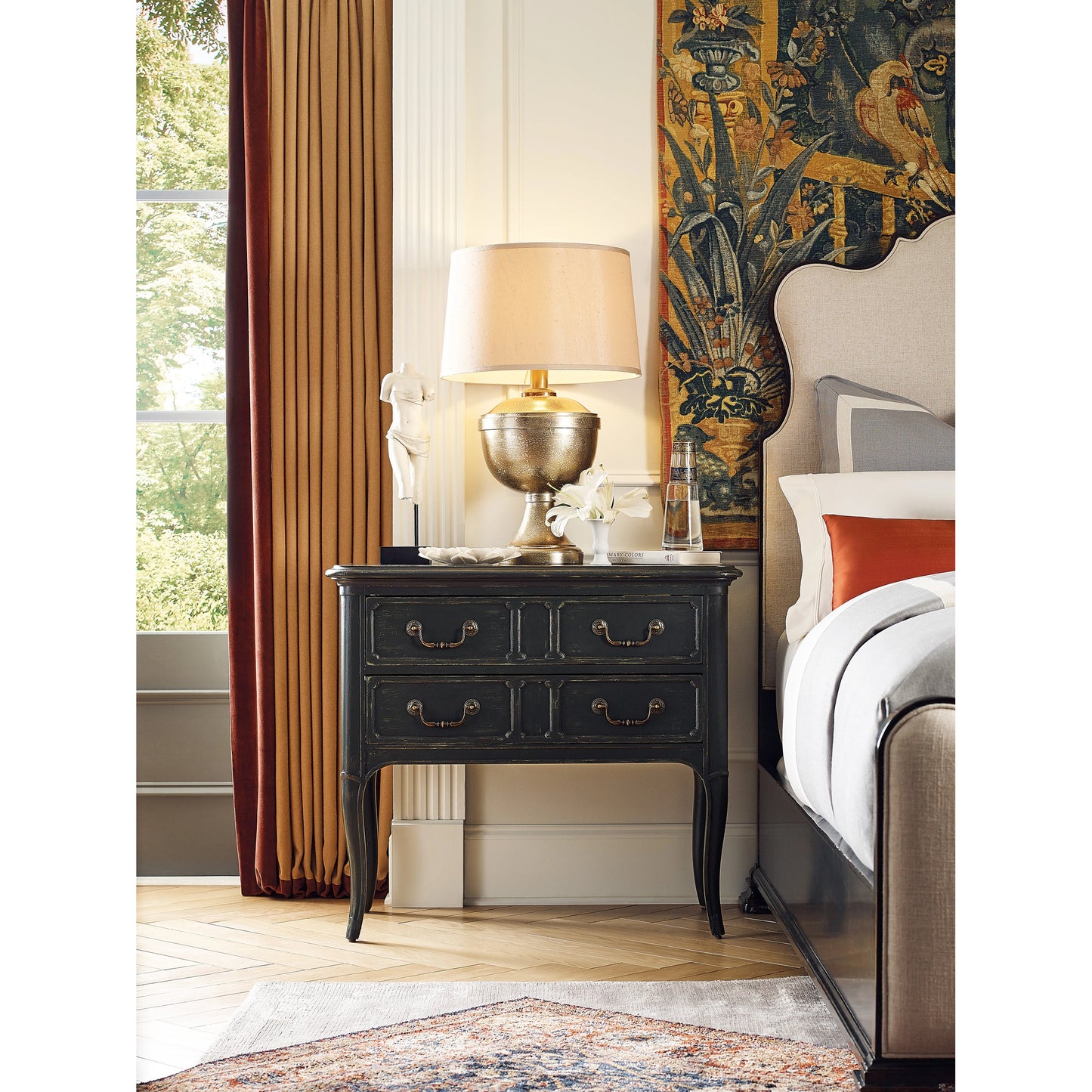 013 SI-2029037 | Lifestyle | Charleston Two-Drawer Nightstand by Hooker Furniture in black cherry. Made from cherry veneers with solid-wood edge top in a transitional style.