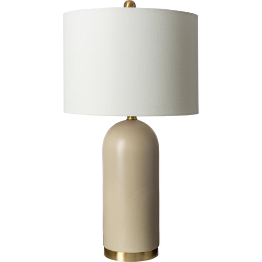 Darius - 492680 by Surya in beige, gold, translucent, metallic nickel, white and brushedglazedplated. Made from body: ceramic, base: metal, shade (outside): linen, shade (inside): polyester, finial: metal in a modern style.