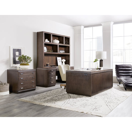 House Blend Executive Desk by Hooker Furniture in dark roast. Made from quartered ash veneers, metal in a transitional style.