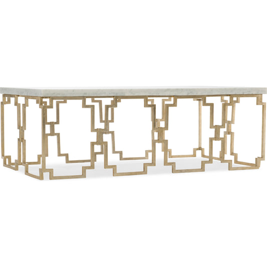 Evermore Cocktail Table by Hooker Furniture in gold. Made from metal tube, metal bar, kalala white marble in a modern style.