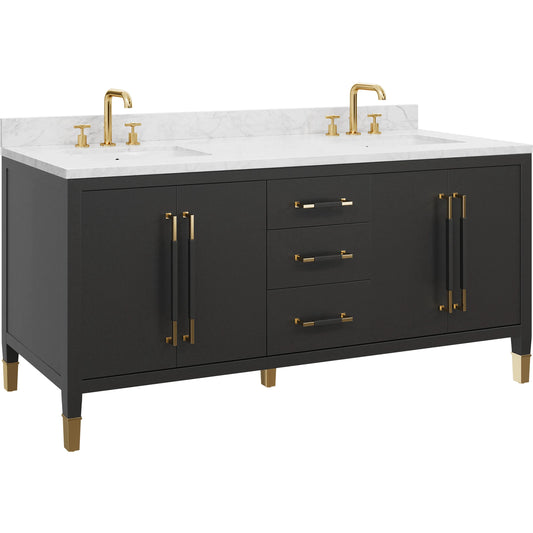 Verona 72" Vanity with Undermount Sink by Currey and Company in black, natural, white, champagne. Made from lacquered linen, mahogany, engineered wood, carrara marble, vitreous china, metal in a modern style.