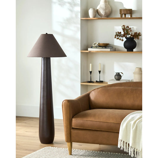 Dosso Accent Floor Lamp by Surya in dark brown and painted. Made from resin, linen, plastic in a unique style.