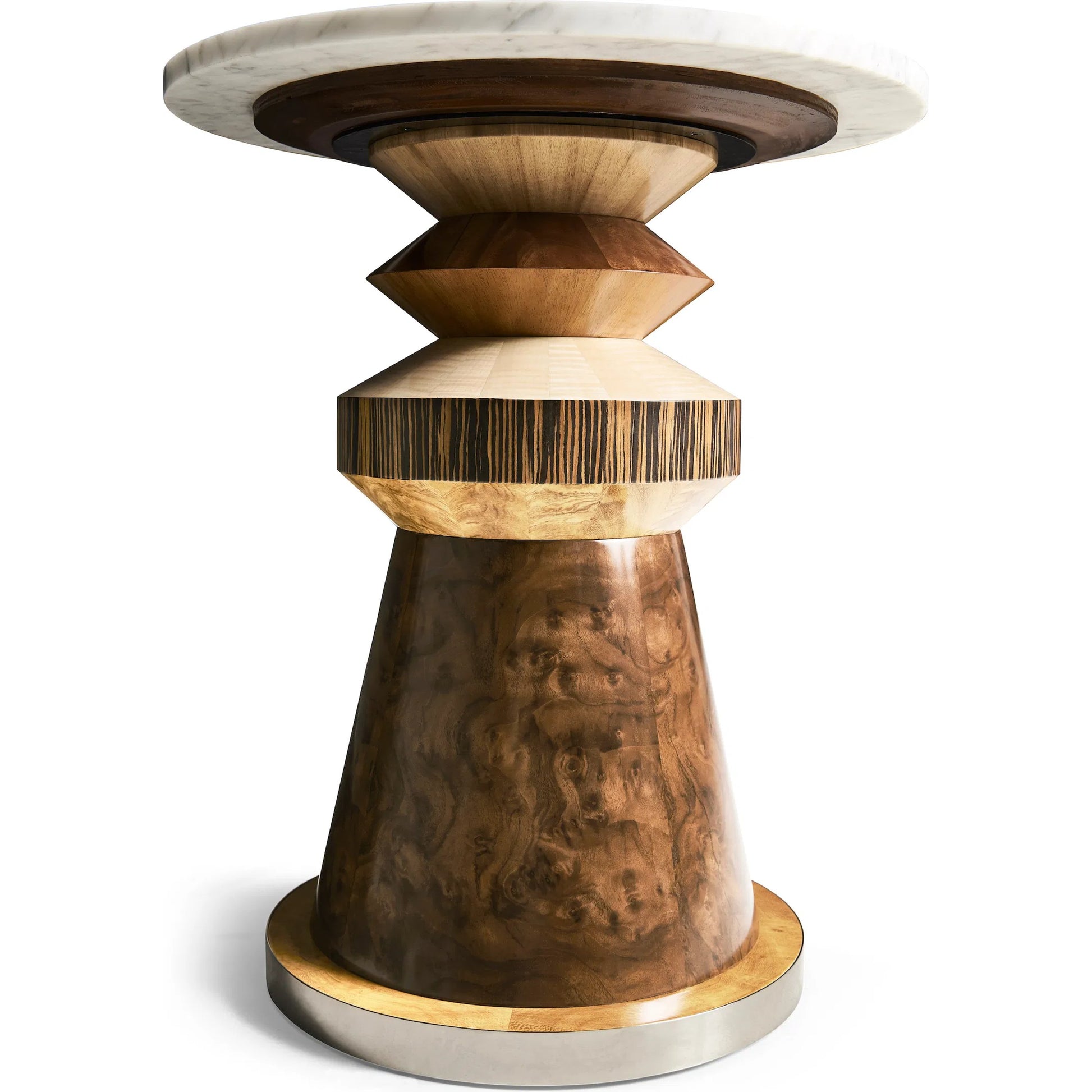 Rook Round Accent Table by Jonathan Charles in brown and mingle mangle, carrera marble. Made from marble, stainless steel, veneers: walnut burl, cerajeira, ebony, maple, chestnut, eucalyptus in a modern style.