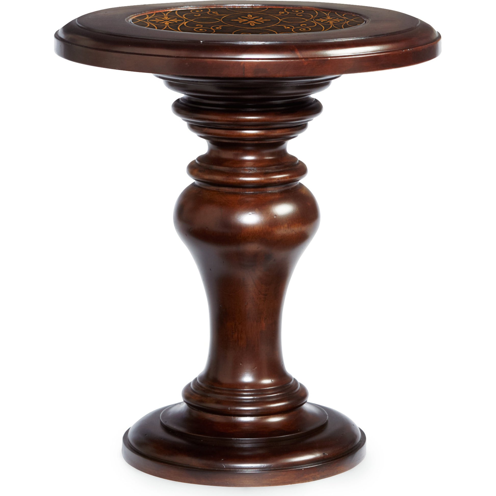 Valencia Round Chairside Table by Bernhardt in dark brown. Made from cherry veneers, metal in a unique style.