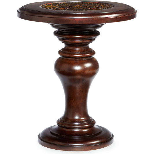 Valencia Round Chairside Table by Bernhardt in dark brown. Made from cherry veneers, metal in a unique style.