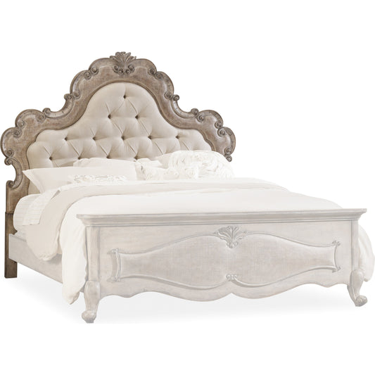 Chatelet Upholstered Headboard by Hooker Furniture in beige and antique linen, turtle dove. Made from hardwoods, resin, fabric in a traditional style.