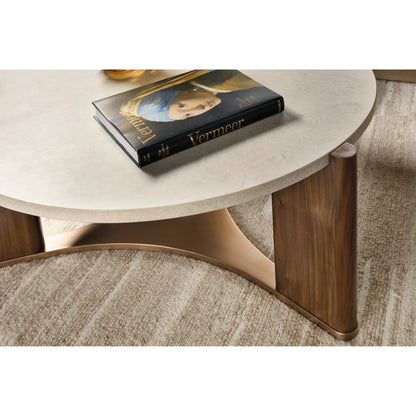 Eleana Round Cocktail Table by Hooker Furniture in light caramel, quartered walnut veneers, marble. Made from walnut veneers, marble in a modern style.
