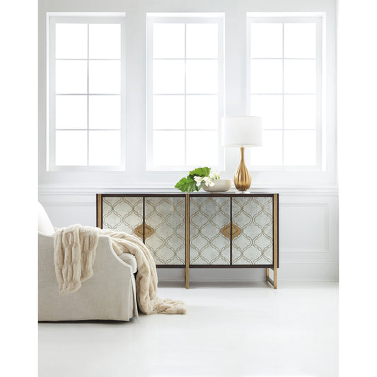 Classic Credenza by Hooker Furniture in dark walnut, matte gold. Made from black walnut veneer, metal, glass in a traditional style.