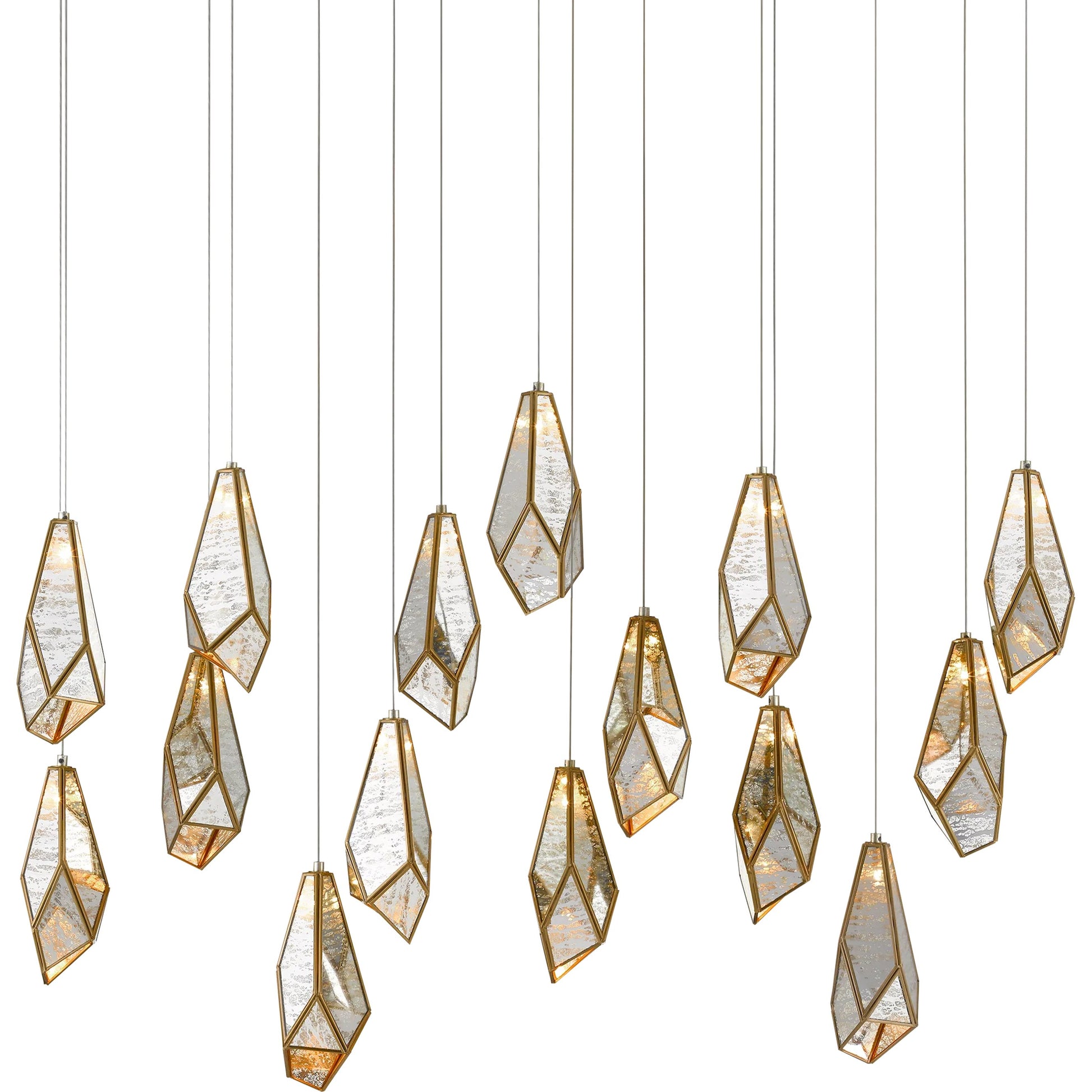 Glace Linear Pendant by Currey and Company in painted silver, antique brass. Made from brass in a modern style.