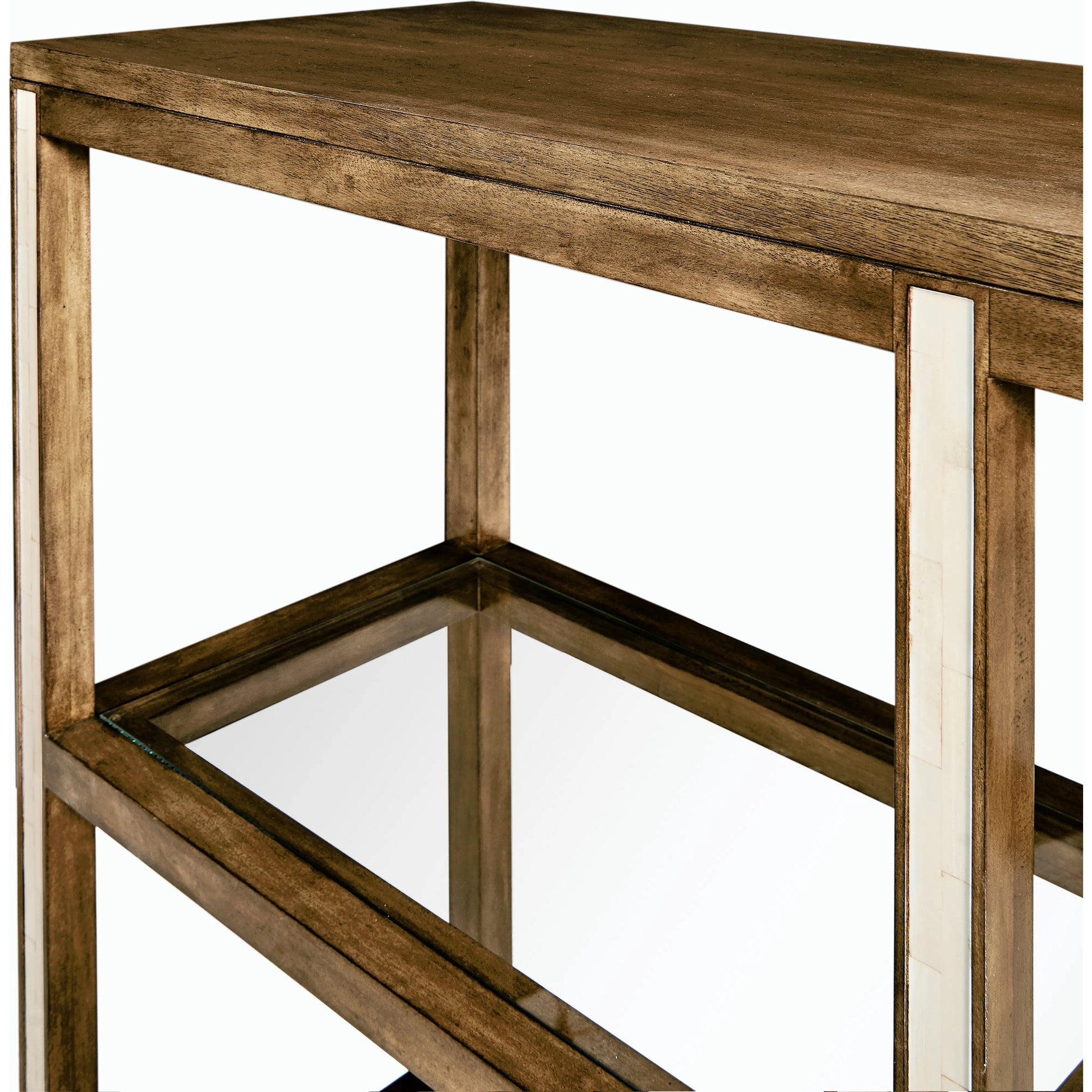 Jacques Etagere by Jonathan Charles in brown and medium brown mahogany. Made from mahogany, walnut burl veneer, faux bone in a modern style.