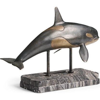 Killer Whale Bronze Statue with Marble Base by Jonathan Charles in dark rustic waxed bronze. Made from main brass in a unique style.