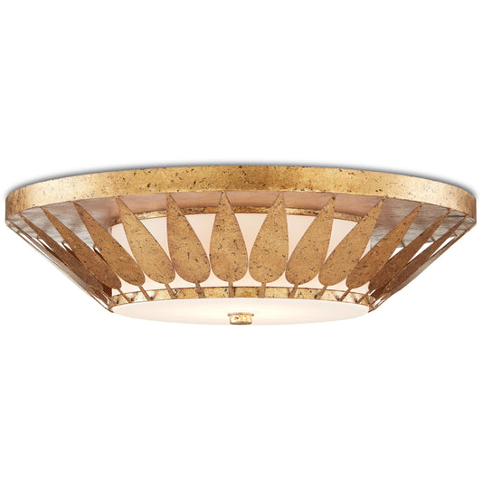 Floris Flush Mount by Currey and Company in new gold leaf, milky glass. Made from wrought iron, glass in a transitional style.