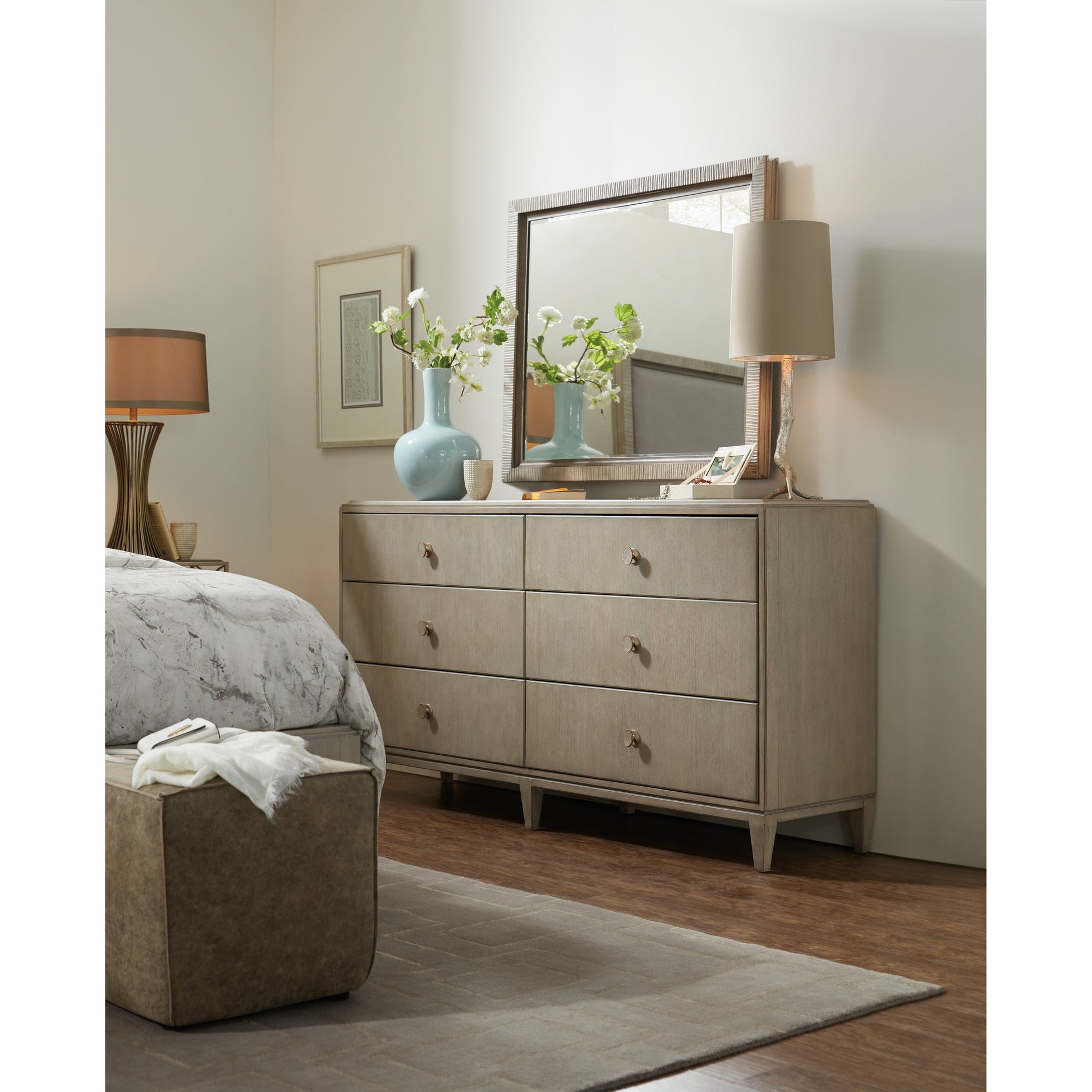 Elixir Dresser by Hooker Furniture in greige. Made from chinese walnut veneers in a modern style.
