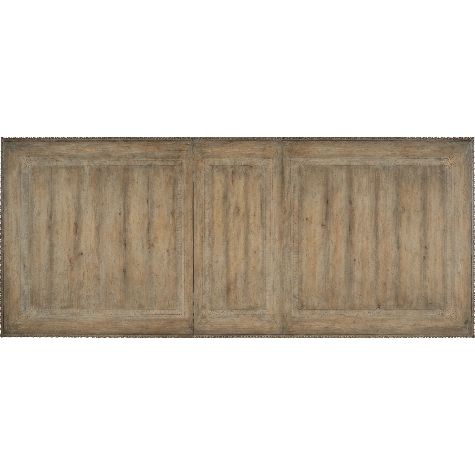 Castella Dining Table by Hooker Furniture in antique slate. Made from pecan, quartered walnut, quartered black walnut, quartered ash, maple veneers with resin in a traditional style.
