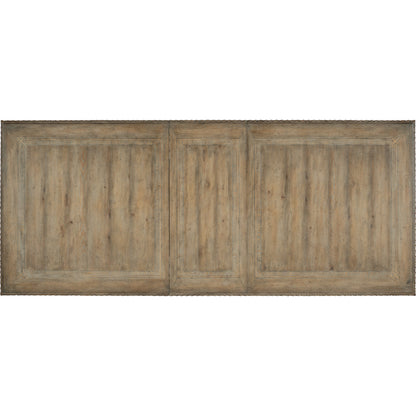 Castella Dining Table by Hooker Furniture in antique slate. Made from pecan, quartered walnut, quartered black walnut, quartered ash, maple veneers with resin in a traditional style.