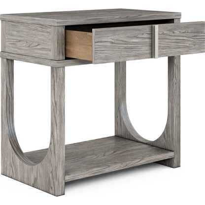 Vault Nightstand by A.R.T. Furniture in gray and mink. Made from parawood solids, white oak veneers in a modern style.
