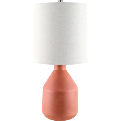 Divo Accent Table Lamp by Livabliss in body: terracotta; shade: white; finial: metallic - nickel; harp: metallic - nickel; cord: translucent and plated, painted. Made from ceramic, linen, polyester, steel in a modern style.