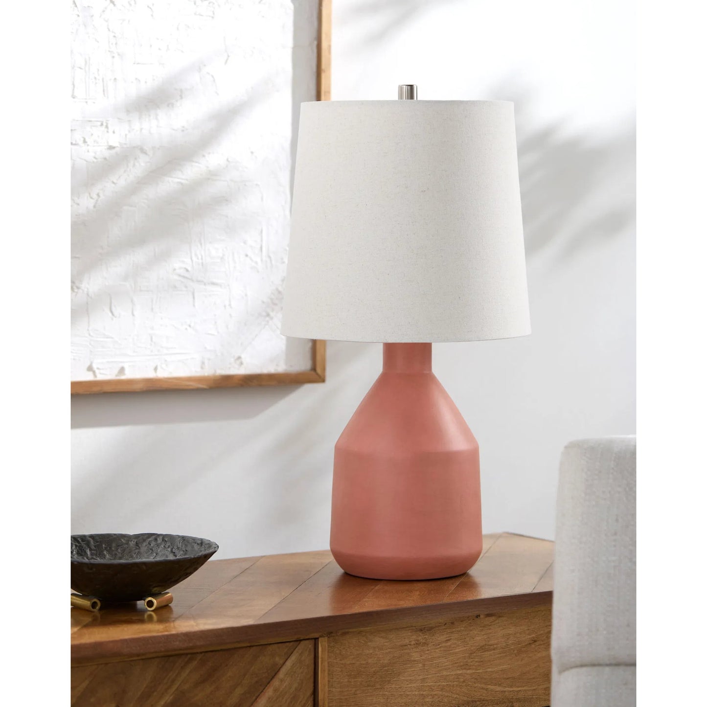 003 SI-2349494 | Lifestyle | Divo Accent Table Lamp by Livabliss in body: terracotta; shade: white; finial: metallic - nickel; harp: metallic - nickel; cord: translucent and plated, painted. Made from ceramic, linen, polyester, steel in a modern style.