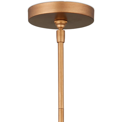 Midsummer Pendant by Currey and Company in brass, green. Made from wrought iron, recycled bottle glass in a modern style.