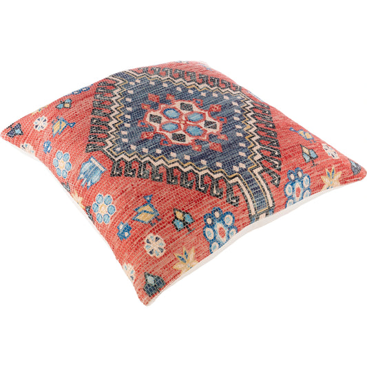 Devonshire Pillow - 12604 by Surya in red, mustard, dark blue, light blue, ink blue, deep teal. Made from front: 80% polyester, 20% cotton, back: 100% cotton in a traditional style.