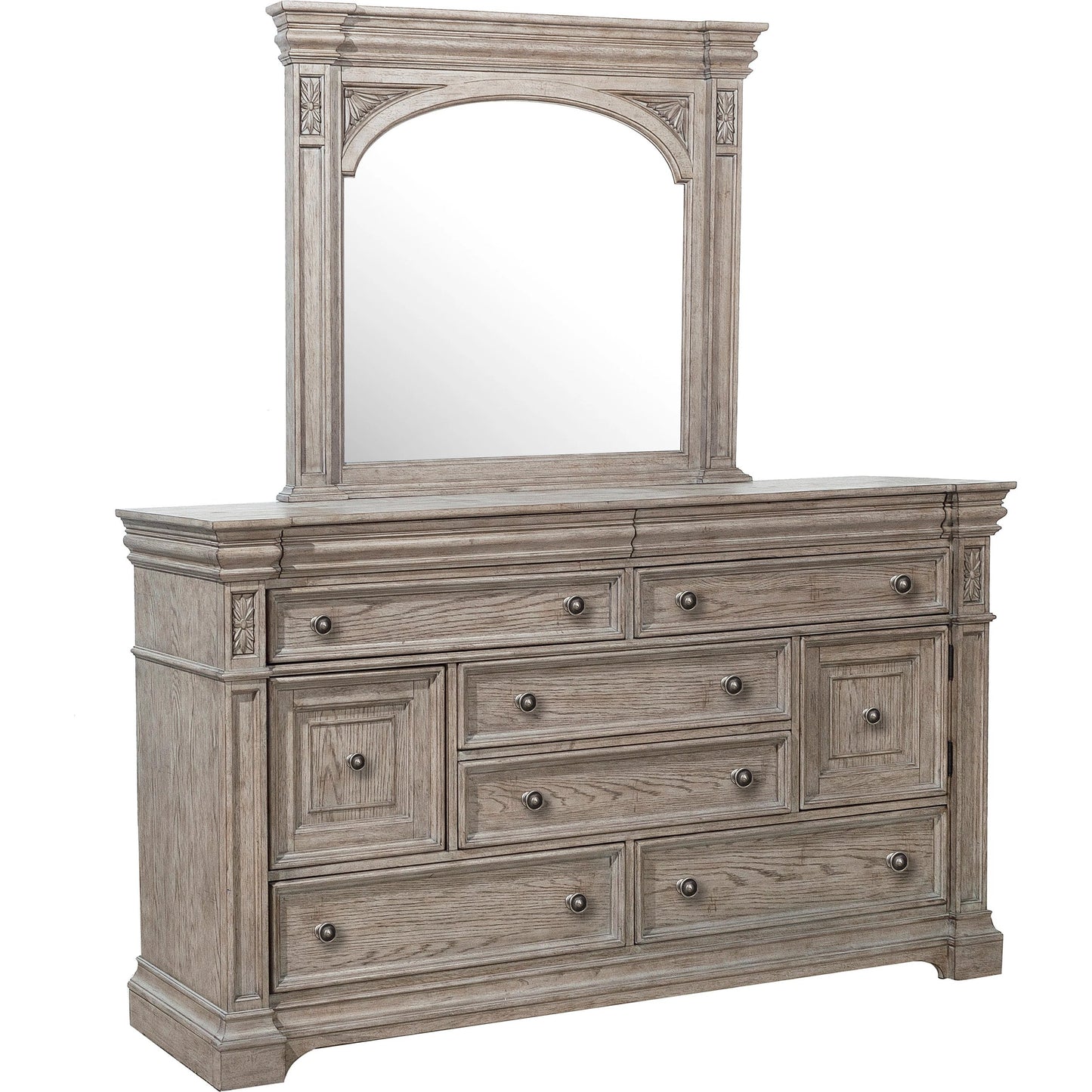 002 SI-2155596 | Additional Silo | Kingsbury Dresser and Mirror by Pulaski Furniture in french grey. Made from oak veneers, hardwood solids in a traditional style.