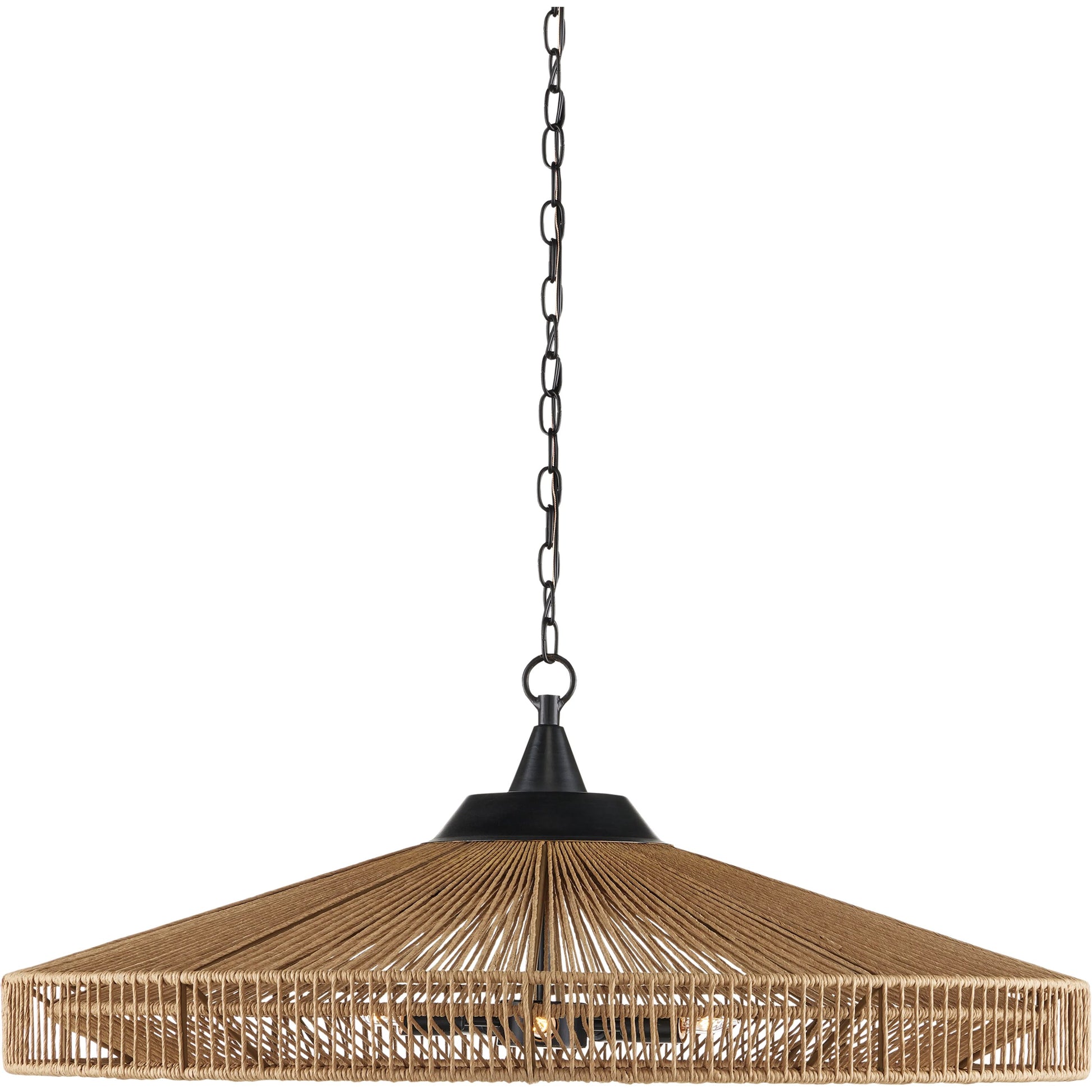 Maldives Chandelier by Currey and Company in natural, satin black. Made from wrought iron, kraft paper twine in a coastal style.