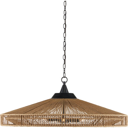 Maldives Chandelier by Currey and Company in natural, satin black. Made from wrought iron, kraft paper twine in a coastal style.