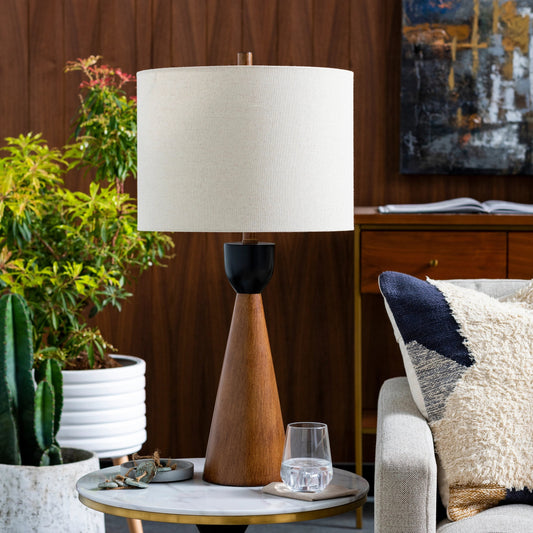 Downey - 31879 by Livabliss in body: brown, shade (outside): beige, shade (inside): white, finial: brown, harp: metallic - nickel, cord: black and paintedpainted. Made from shade (outside): linen, shade (inside): polyester, fin