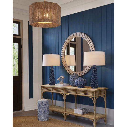 Sunken Blue Table Lamp by Currey and Company in blue drip glaze. Made from ceramic in a coastal style.