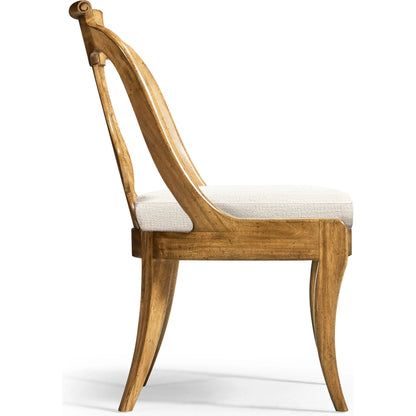 Vermeer Dining Chair by Jonathan Charles in brown and natural cerejeira. Made from alder solids, crotch cerejeira veneers, foam, fabric in a traditional style.