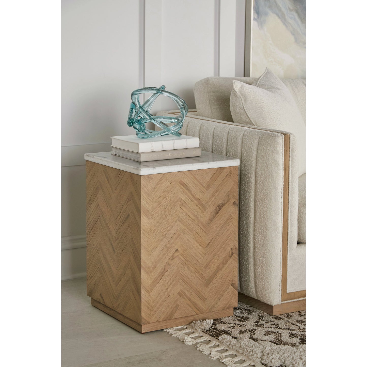 004 SI-2155779 | Lifestyle | Garrison Accent Table by A.R.T. Furniture in washed oak. Made from parawood solids with ash embossing, white oak veneers, travertine in a cottage & farmhouse style.