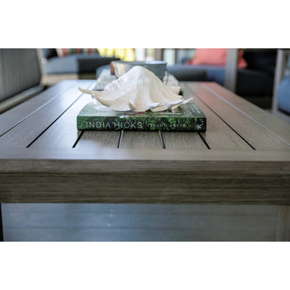 Laguna Outdoor Coffee Table by Sunset West in driftwood. Made from aluminum in a modern style.