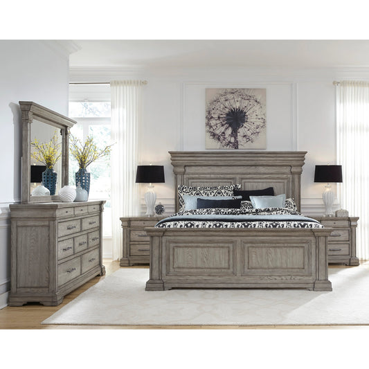 Madison Ridge Bed by Pulaski Furniture in bluff grey. Made from asian hardwood, oak veneers in a traditional style.