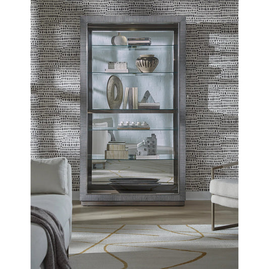 Modern Sliding Door Curio Cabinet by Pulaski Furniture in medium wood. Made from oak veneer in a unique style.