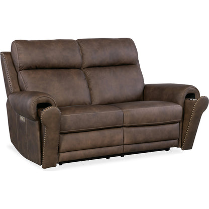 Duncan Power Loveseat by Hooker Furniture in kalahari bark. Made from leather, kalahari bark (semi-aniline top grain with splits) in a traditional style.