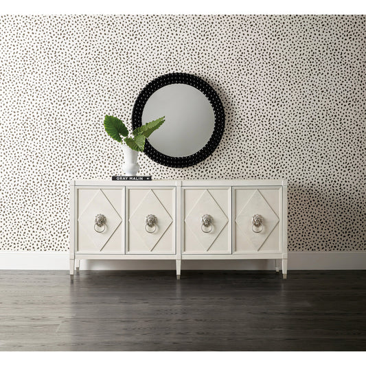 Melange Leo Four Door Credenza by Hooker Furniture in white, tiffany blue. Made from oak, olive ash burl veneers with metal ferrules in a modern style.