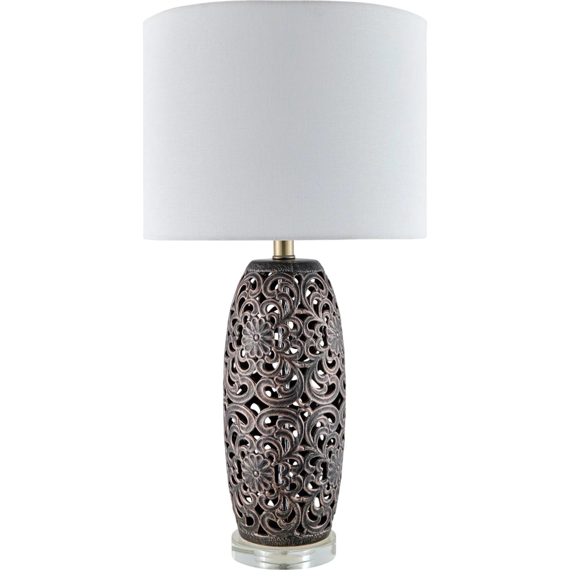 Dozza Accent Table Lamp by Livabliss in gray and high gloss, metallic, translucent. Made from ceramic, crystal, linen, iron in a modern style.