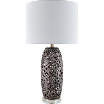 Dozza Accent Table Lamp by Livabliss in gray and high gloss, metallic, translucent. Made from ceramic, crystal, linen, iron in a modern style.