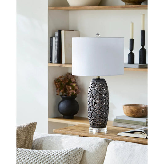 Dozza Accent Table Lamp by Livabliss in gray and high gloss, metallic, translucent. Made from ceramic, crystal, linen, iron in a unique style.