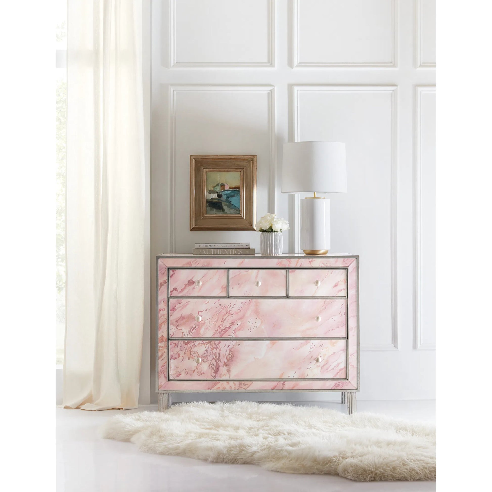 Susan G. Komen Eternal Chest by Hooker Furniture in pink reverse hand painted glass. Made from unique in a eclectic & global style.