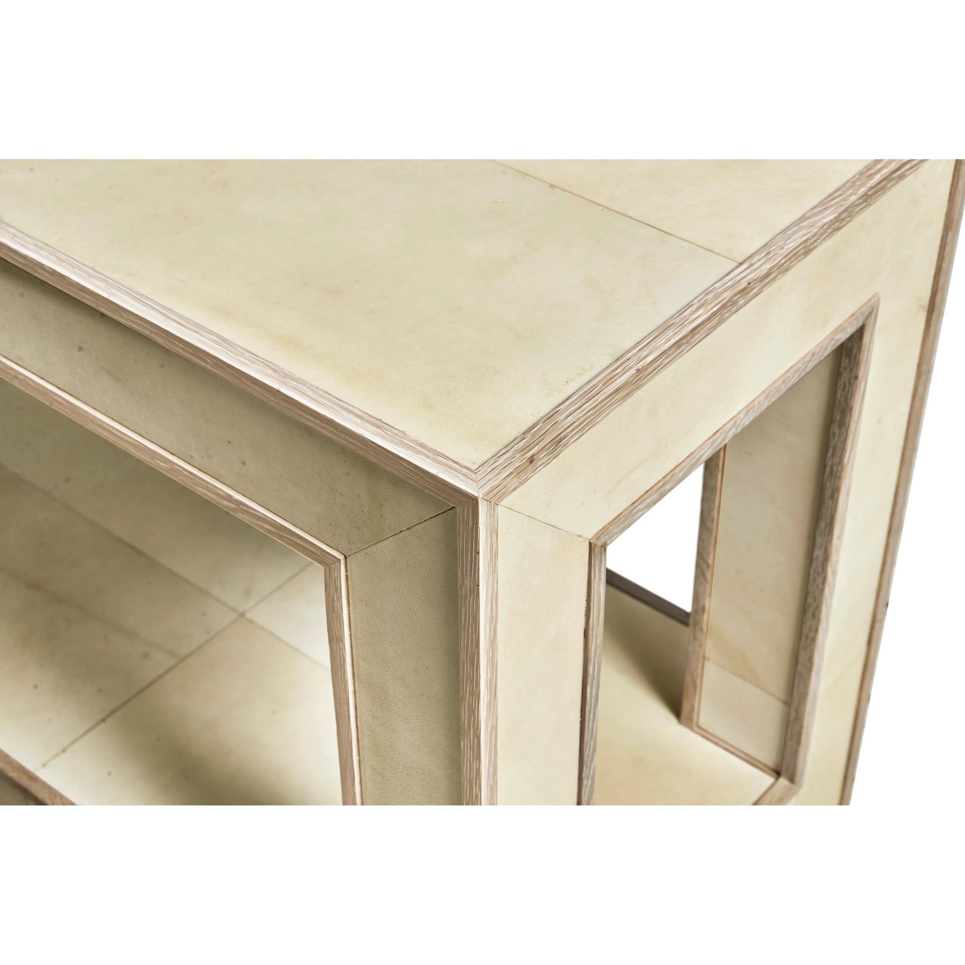 Hydra Console Table by Jonathan Charles in parchment oak. Made from oak, oak veneer, brass, vellum in a transitional style.