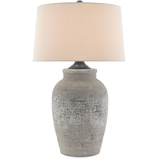 Quest Table Lamp by Currey and Company in rustic gray, aged black. Made from concrete, metal in a traditional style.